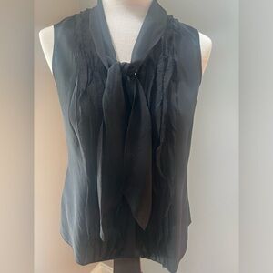 NINE WEST black ruffled bow tie button down black sleeveless top great condition